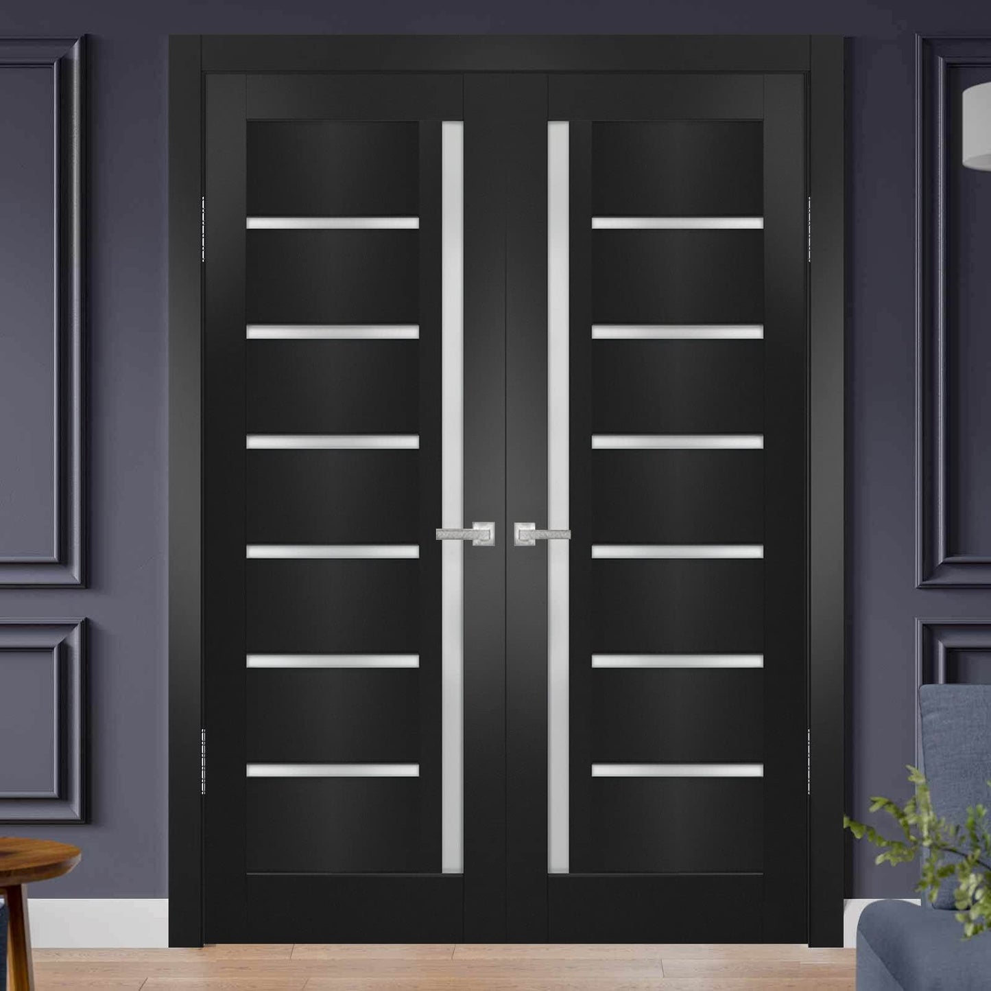 SARTODOORS Quadro 4088 Interior Doors 56 x 80 in, Black Matte Frosted Glass Solid French Double Door, Solid MDF Core, Frame and Satin Nickel Hardware Included