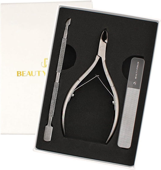 Beauty Power Cuticle Trimmer with Cuticle Pusher & Nano Nail File - Cuticle Nipper Cuticle Remover - Professional Stainless Steel Clippers Pedicure Manicure Tools for Fingernails - Gift Idea