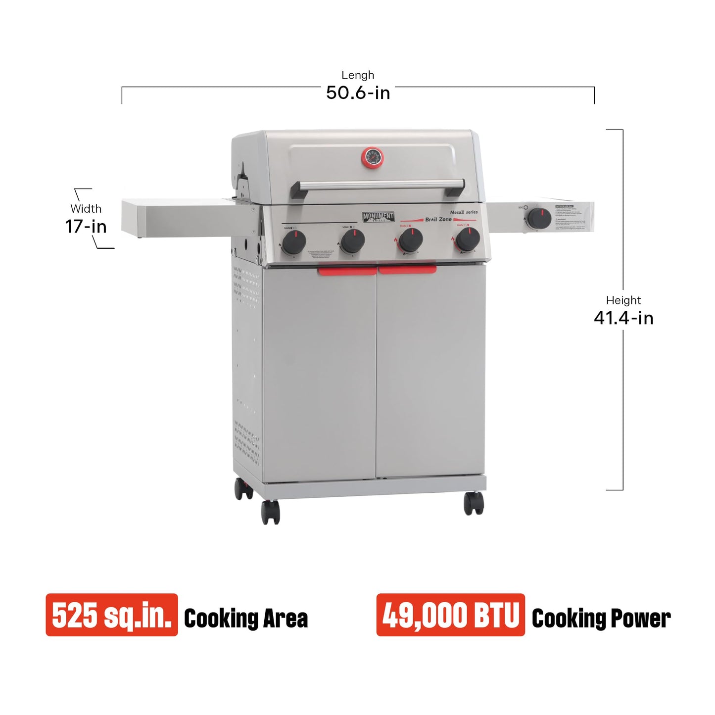 Monument Grills 4+1 Burner Stainless Steel 525 sq.in Propane Gas Grill, 49,000 BTU, Assembles in 30 Mins, Outdoor Mesa 2 Patio Grill with Broil Zone, Side Burner, Foldable Side Shelf, Mesa II 415BZ