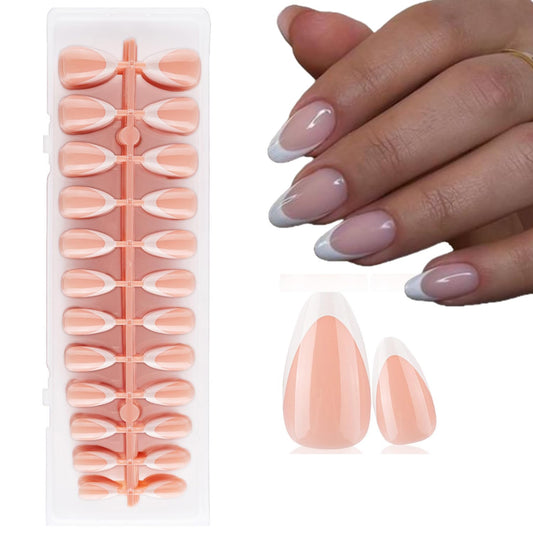 Pre-Design Nude Base White Gel French Nail Tips, French Tip Press On Nails Short Almond Shape, Basic Fake Nails With Glue Tabs 240 Pcs/Set