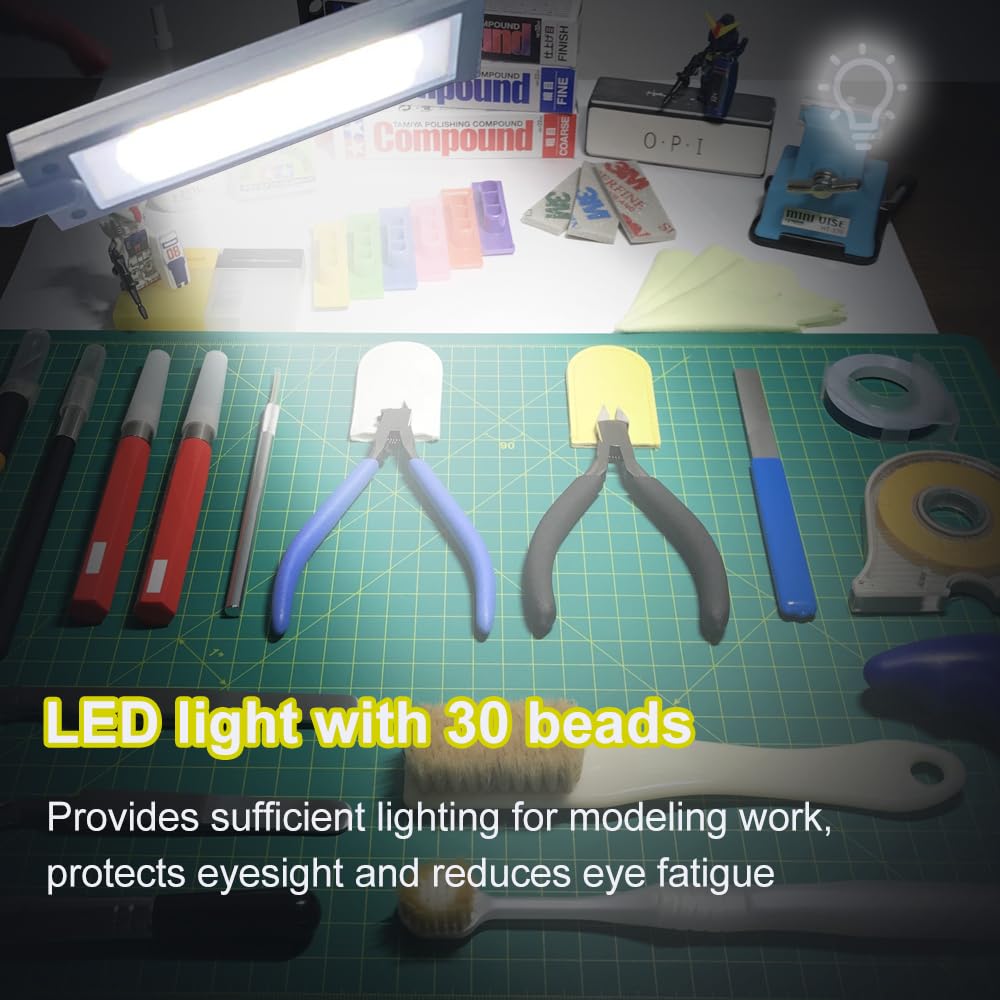 Model Building Kit, Portable Workbench for Cutting and Assembly, Model Kit Tools with LED Lights, Magnifiers, Plastic Storage Drawers, Pliers Holder, Gridded Adhesive Cut Mats, Display Panel
