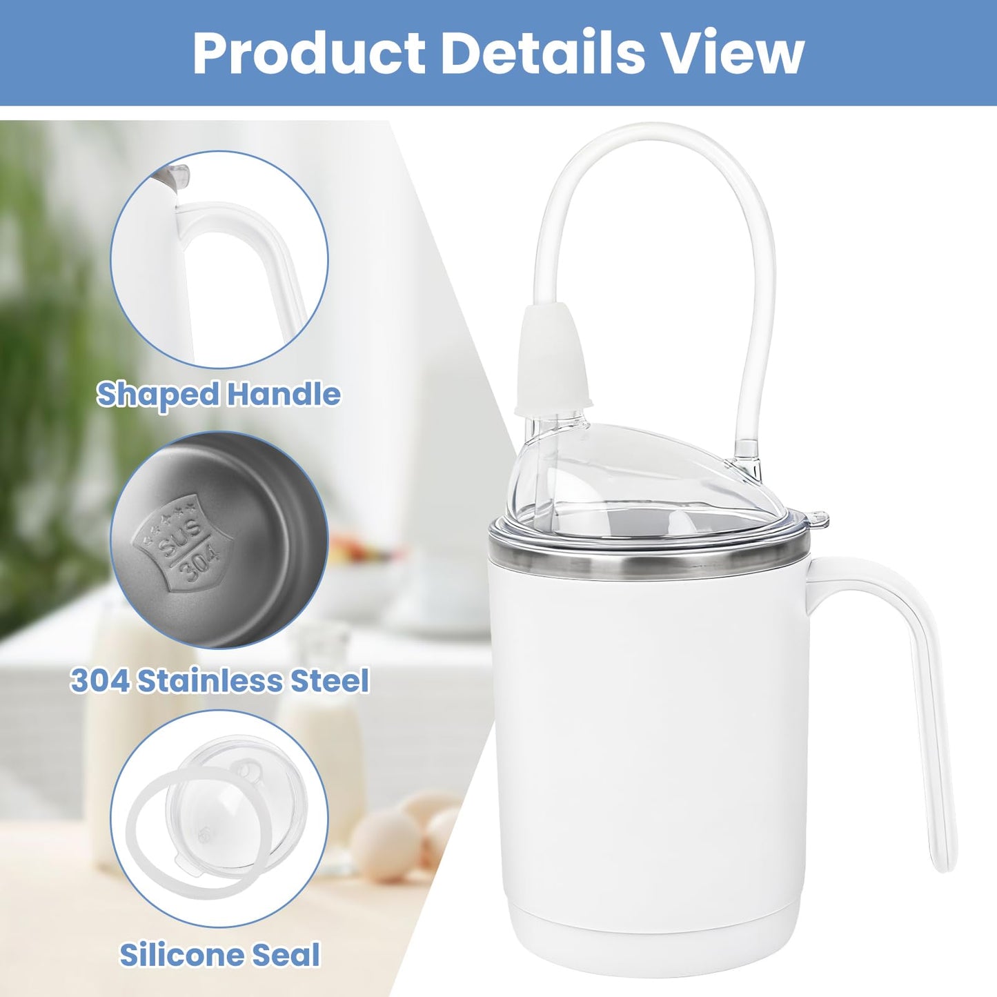 sturion Adult Drinking Cup, 15 oz Stainless Steel Drinking Cup with Handle, Spill-Resistant Lid, 3-in-1 Design with Long Straw, Easy-Hold Cup for Seniors, Home and Daily Use, White
