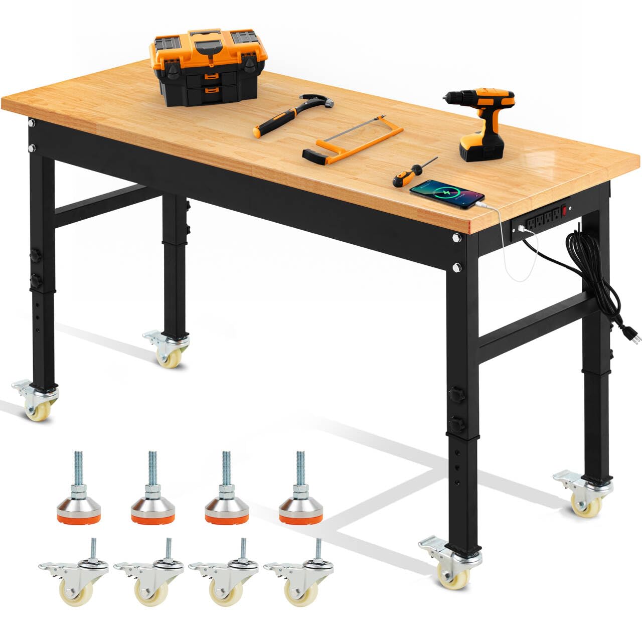 60'' Adjustable Workbench, 2000 LBS Load Capacity Heavy Duty Workstation with Power Outlets, Rubber Wood Top Worktable for Garage, Office,Workshop, Commercial