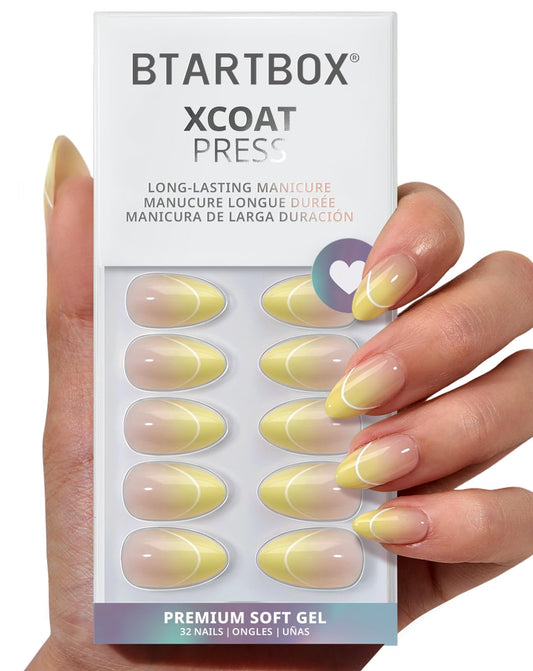BTArtbox French Tip Press On Nails - First Light, Lamp-Curable 4-Week Wear Yellow Ombre Short Almond Press On Nails with Glue and Adhesive Tabs, Easy-to-Apply in 16 Sizes - 32 Nails All-in-One Kit