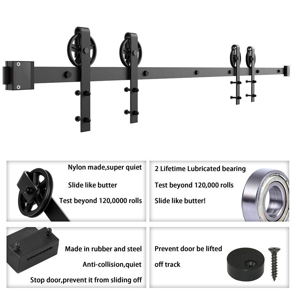 WINSOON 12FT Wood Double Sliding Barn Door Hardware Basic Black Big Spoke Wheel Roller Kit，5-18FT for Choose