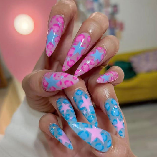 Long Stiletto Press On Nails Y2k Fake Nails Star With Leopard Print Design Pink Blue False Nails Full Cover Reusable Artificial Glossy Acrylic Nail Cute Stick On Nail For Women Manicure Art 24pcs