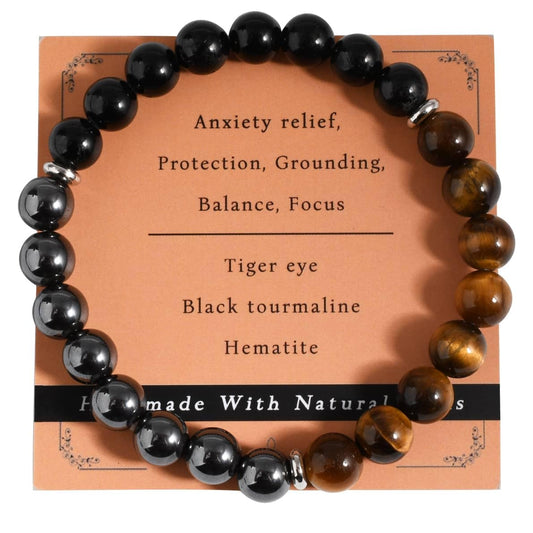 Gracayfr Tiger Eye Black Tourmaline Bracelet Anxiety Relief Healing Crystal Spiritual Natural Stone Beaded Empath Protection Gemstone Stretch Hematite Yellow