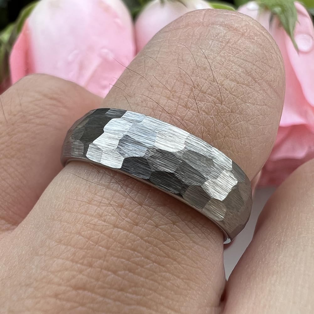 TUTISS 6mm Hammered Tungsten Rings for Men Women Fashion Engagement Wedding Bands Domed Matte Finish Comfort Fit Size 7
