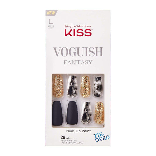 KISS Voguish Fantasy Press-On or Glue-On Gel Nails, “New York” Long Length Nail Kit with 28 Nails, Adhesive Tabs, Glue, Manicure Stick & Mini File
