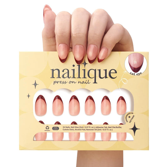 Nailique Press On Nails Short Almond – Handmade Red French Tip Cat Eye Soft Gel with Yellow Shimmer, 26pcs Reusable Nail Tips with Lamp-Curable Glue, Salon Quality Wedding Party Manicure