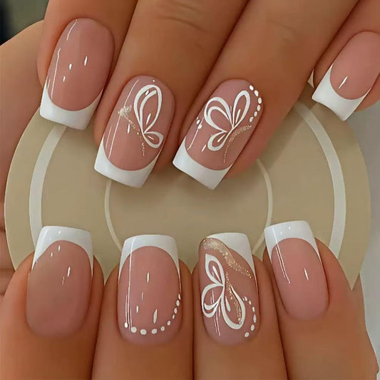 White French Tip Press on Nails Medium Square Fake Nails with Butterfly Design Glossy Full Cover Stick on False Nails for Women 24 Pcs