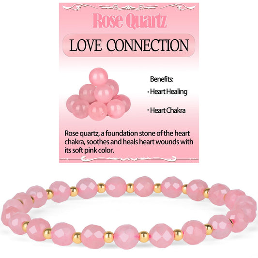 QOGIR Rose Quartz - Love Connection - 14K Gold Plated Beads Natural Gemstone Stretch Elastic Dainty Healing Beaded Bracelets Gifts 6mm