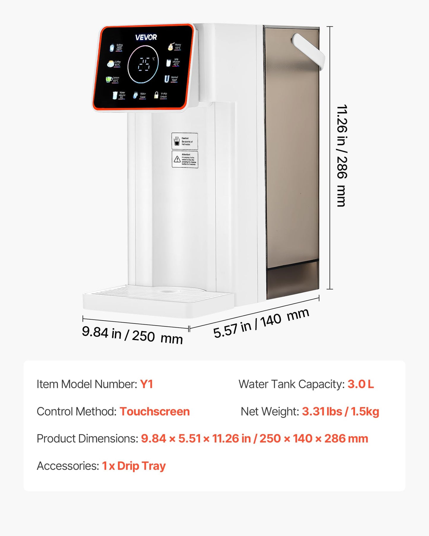 VEVOR Instant Hot Water Dispenser, Countertop Boiling Water Dispenser with Adjustable 6 Temperatures & 7 Water Volumes, 101oz Removable Water Tank, Quick Heating with Touchscreen & Child Lock for Home