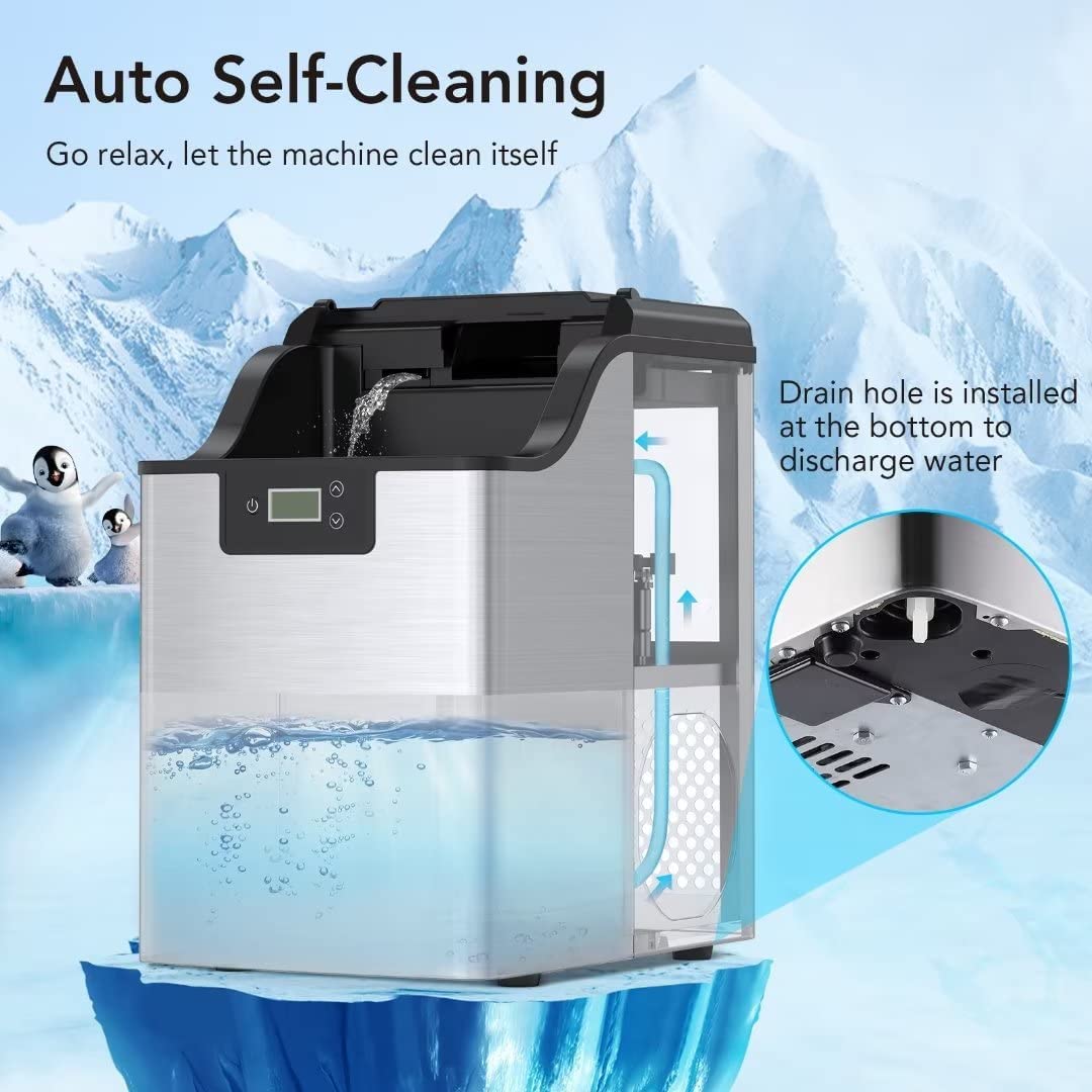 Garvee Compact Countertop Ice Maker, 44 LBS/Day Nugget Ice Maker Machine, Stainless Steel Pebble Ice Cube Maker with Self-Cleaning, 24H Timer, Ice Basket and Ice Scoop for Home, RV, Office