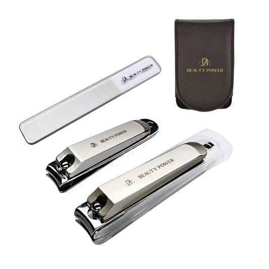 Beauty Power Nail Clippers Set 3 in 1 - Stainless Steel Toe Nail Clippers, Fingernail Clipper, Glass Nail File, Anti Splash, Ergonomic Grip in Black PU Leather Travel Case for Men & Women - Gift Idea