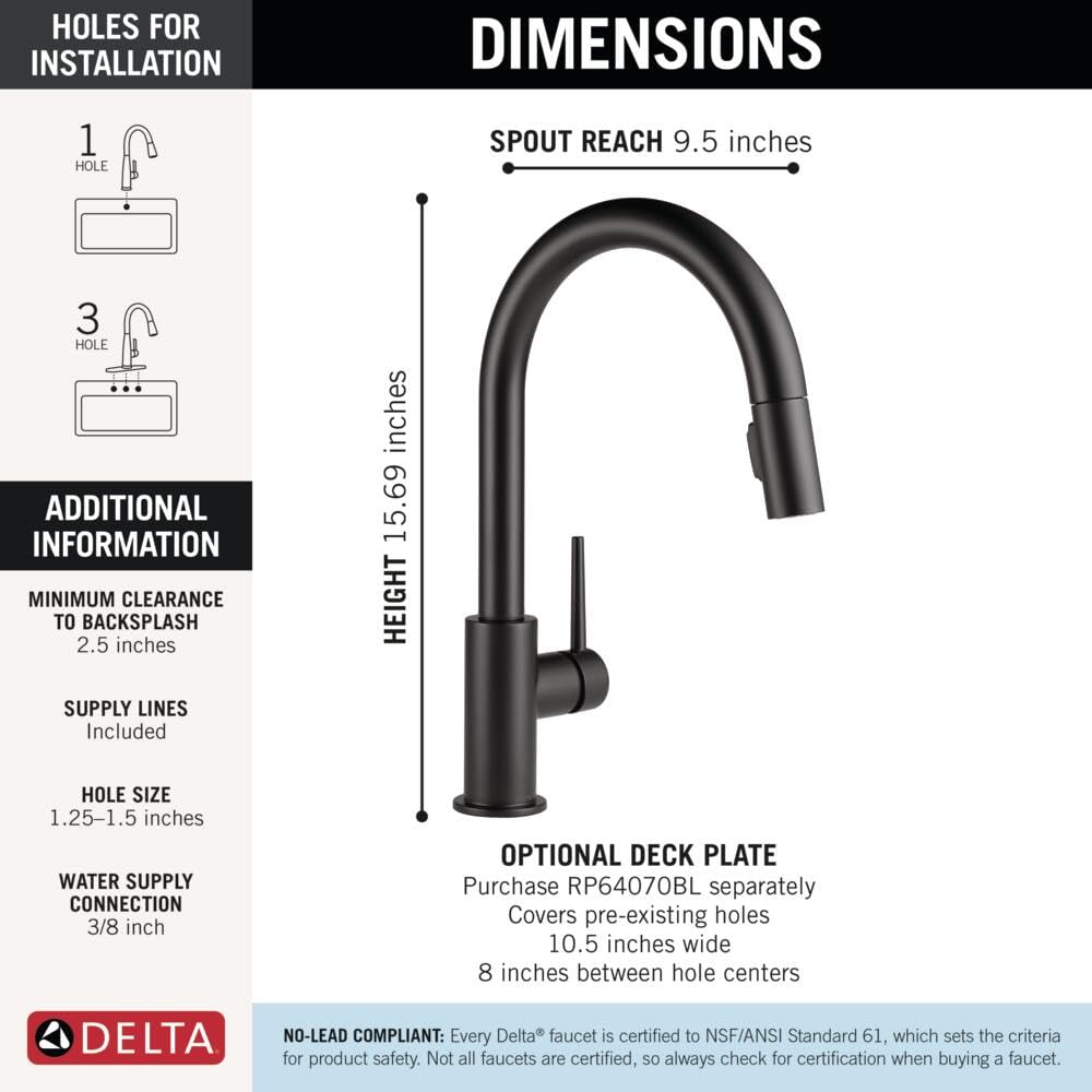 Delta Trinsic Matte Black Kitchen Faucet with Pull Down Sprayer, Modern Single Hole Kitchen Sink Faucet, Single Handle, Matte Black 9159-BL-DST