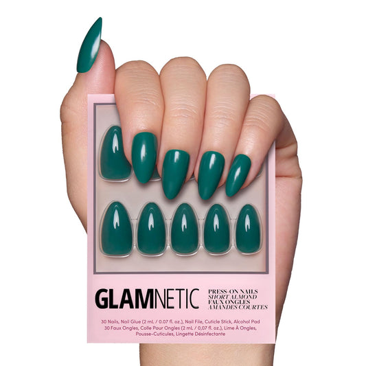 Glamnetic Press On Nails - Emerald Green | Opaque Cool Tone, Deep Emerald Green Short Almond Fake Nails, Salon Quality | 15 Sizes - 30 Nail Kit