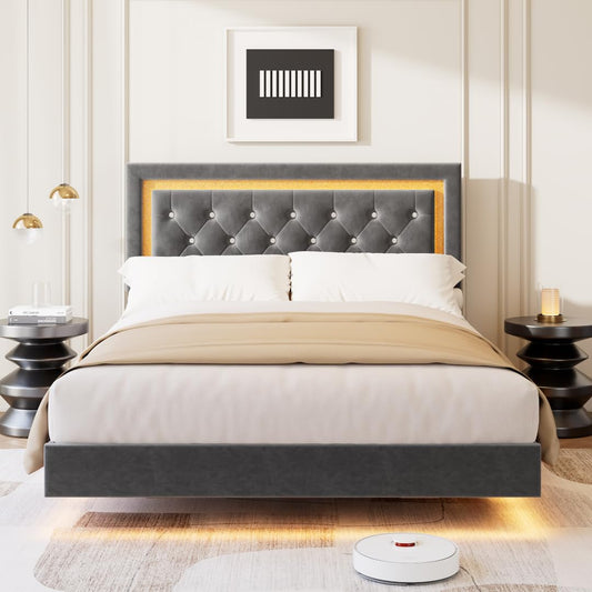 IDEALHOUSE Floating Queen Platform Bed Frame with Smart LED Lights – Modern Upholstered Diamond Headboard, Sturdy Wood Slats, Noise-Free, Easy Assembly, Sturdy Bedroom Furniture