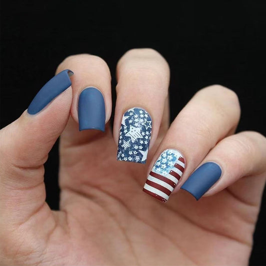 4th of July Press on Nails American Flag Fake Nails Independence Day Acrylic False Nail 24 Pcs Matte White Stars Glue on Artificial Fingernails HZJXRT Medium Square Stick on Nail for Women Gift