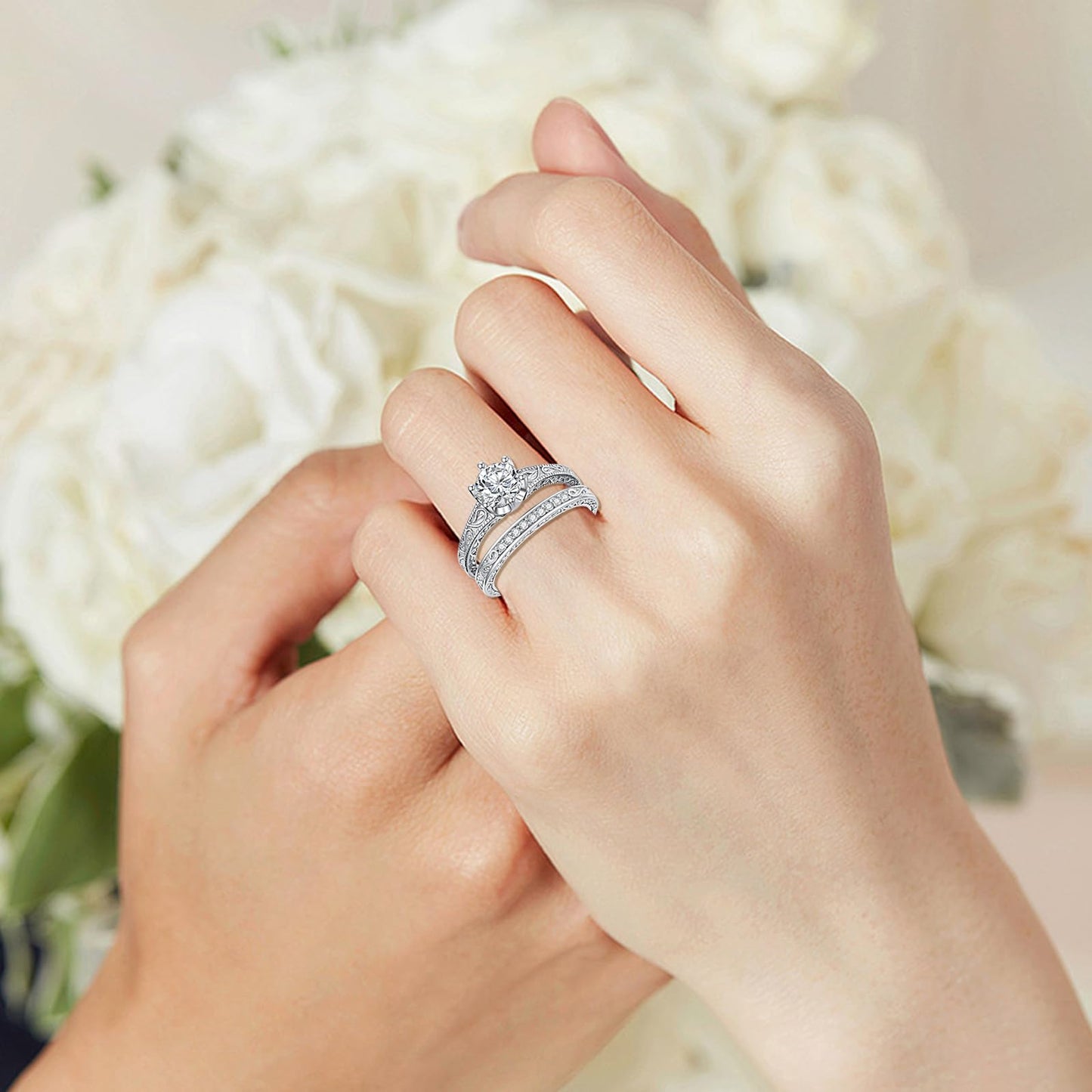 1-3 Carat Round Cut Moissanite Bridal Set Engagement Ring for Women 0.072 Carat Lab Grown Diamond 925 Sterling Silver/10k/14k/18k Real Gold Custom Wedding Engagement Ring Set Jewelry （D Color, VVS Clarity）-12
