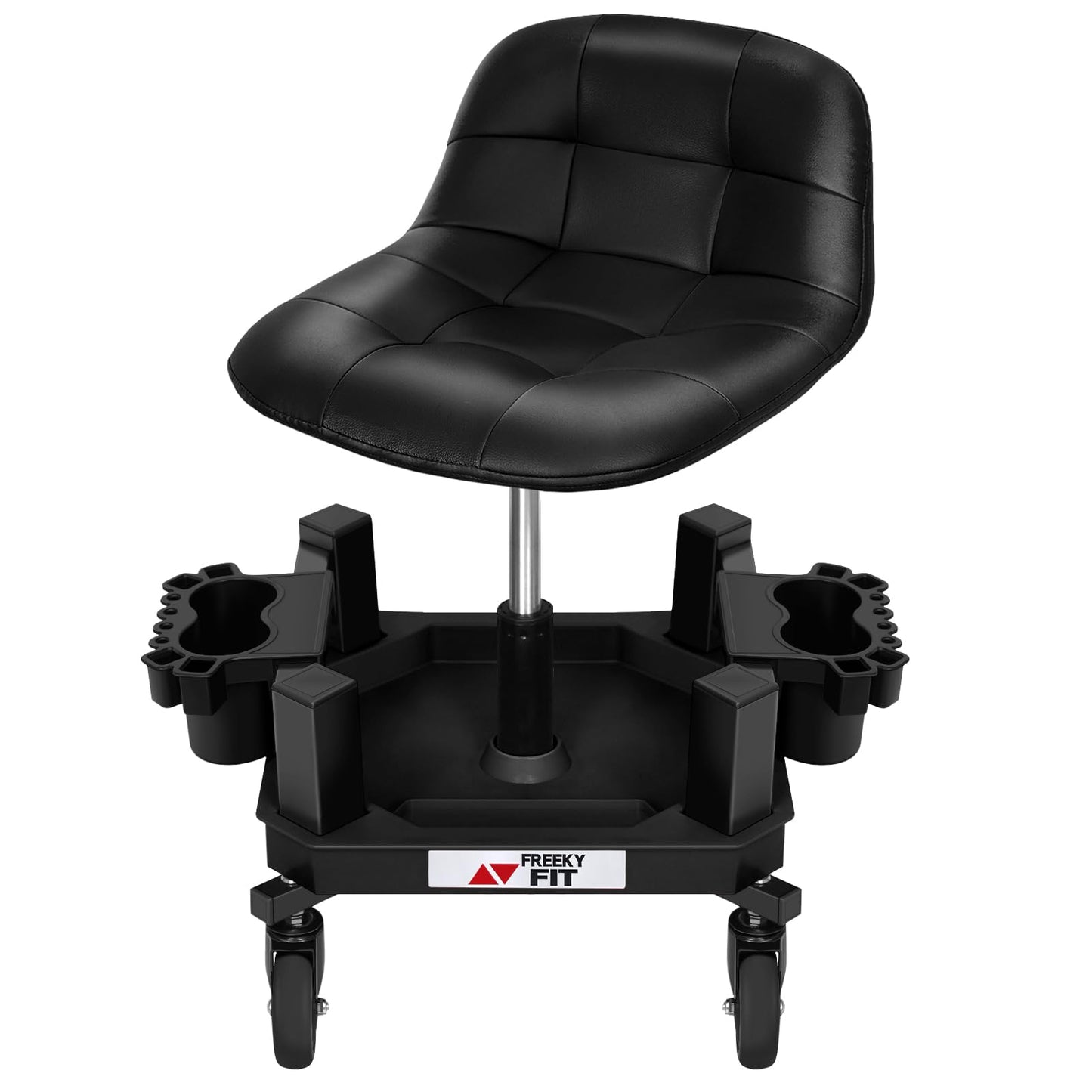 FreekyFit Rolling Stool with Wheels, Adjustable Shop Stool Mechanic Seat, Garage Shop Roller Work Chair, Mobile Rolling Seat with Tool Tray, 2 Cup Holders, 4" Casters, 350 LBS, Heavy-Duty, Black