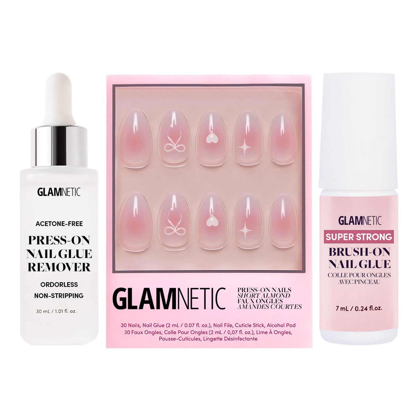 Glamnetic Press-On Nails - Lovers Knot | Super Strong Brush On Nail Glue & Press-On Nail Remover | Short Almond Nude Fake Nails with Bow Accents | 15 Sizes - 30 Nail Kit with Glue and Remover