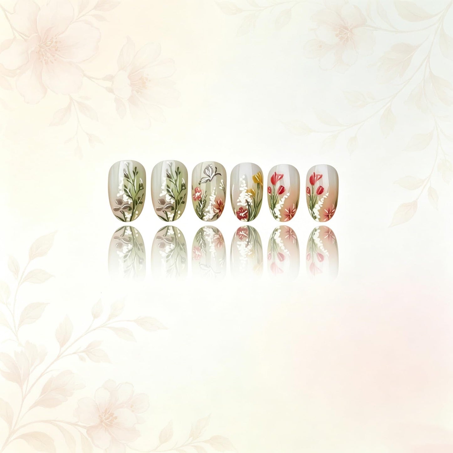 Flower Press on Nails Short Oval, Floral False Nails, Glossy Green Ombre Fake Nail Butterfly Glue on Nail, Leaf Stick on Reusable Acrylic Fingernails for Women Summer Daily Wear