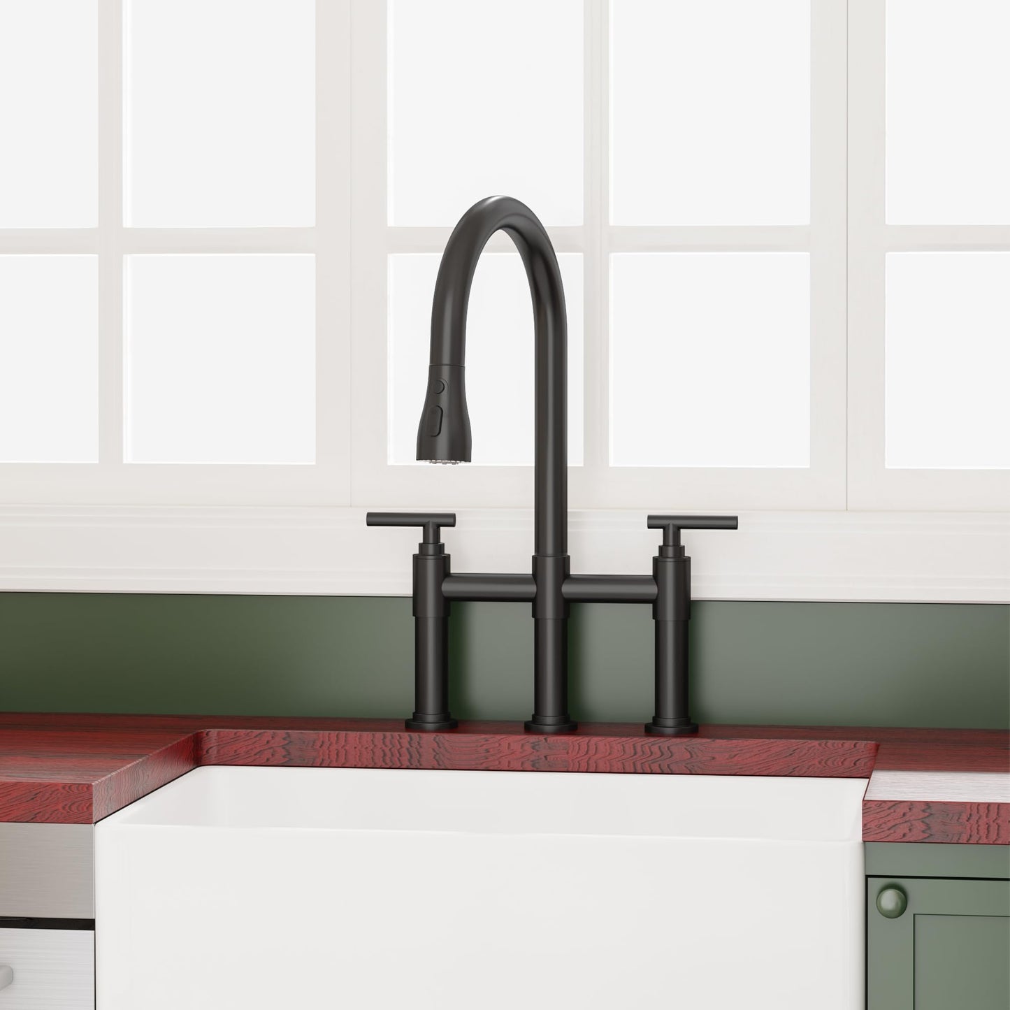 ARRISEA Bridge Kitchen Faucet with 3 Mode Pull-Down Sprayer 2 Handle 8 Inch Faucet for Kitchen Sinks 3 Hole Kitchen Sink Faucet, Fingerprint Resistant Spot Free Matte Black