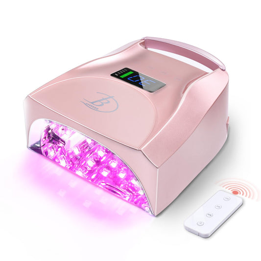 BIDUO UV LED Nail Lamp,96W Rechargeable Cordless Nail Dryer, 52 Beads Quick Dry with Remote Control,4 Timers,Auto Sensor,Key Sound,Built-in Cooling Fan,Professional Gel Polish UV Light (Pink)