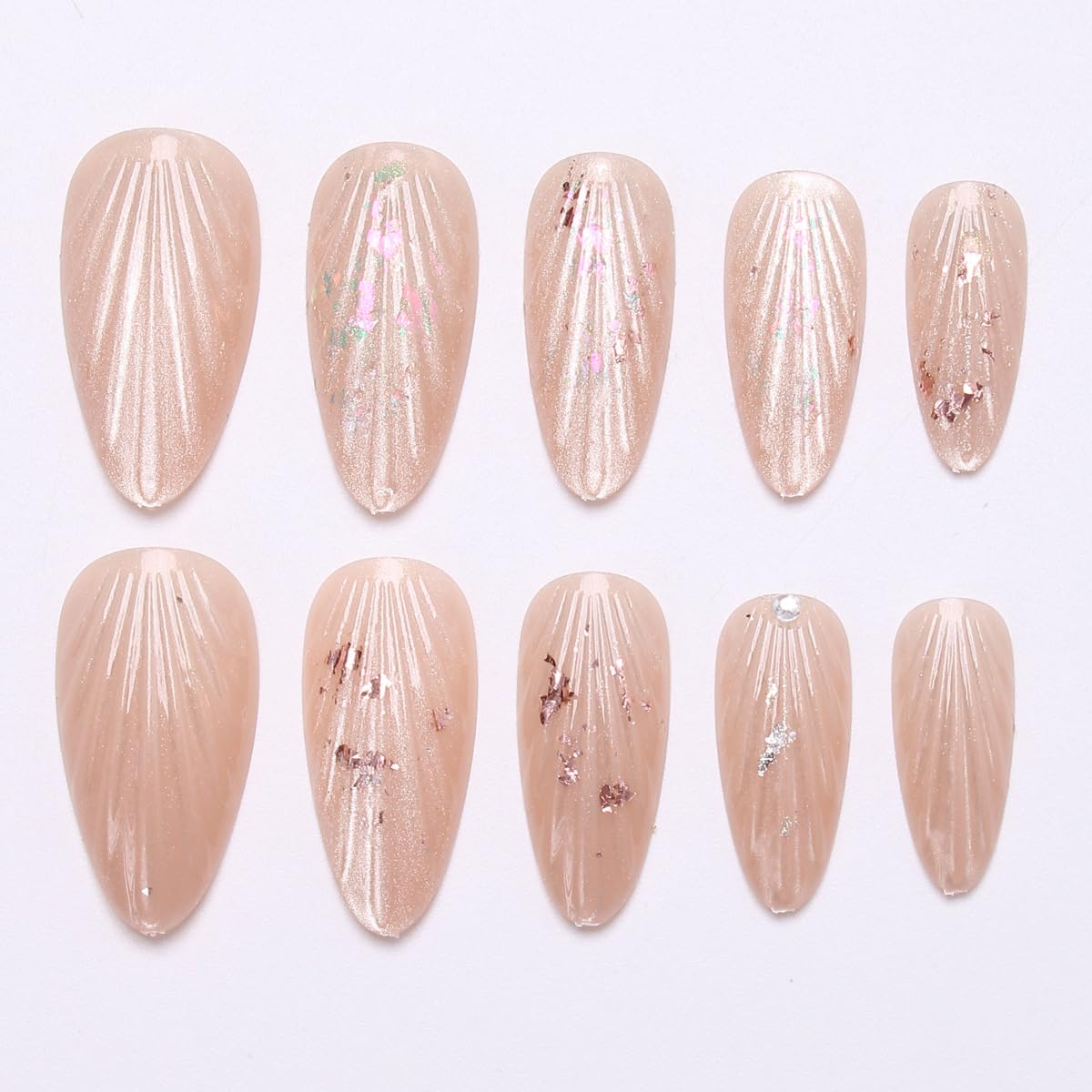 Medium Almond Press on Nails - Glitter Fake Nails with Shell & Rhinestones Designs Cat Eye False Nails Glossy Glue on Nails Reusable Full Cover Stick on Nails for Women Manicure 24Pcs
