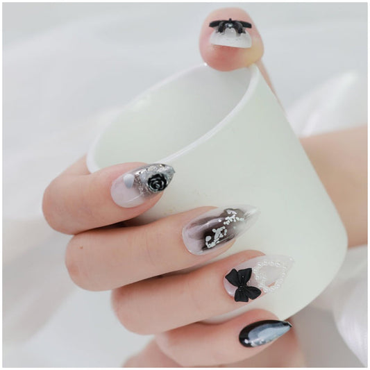 GALSPRO Short Press on Nails - Set of 24 Fake Nails with Designs in 12 Different Sizes for Perfect Fit, Cute False Nails Kit for Women with 0.07oz Nail Glue (HARMONY NOIR ALMOND SHAPE, Short)