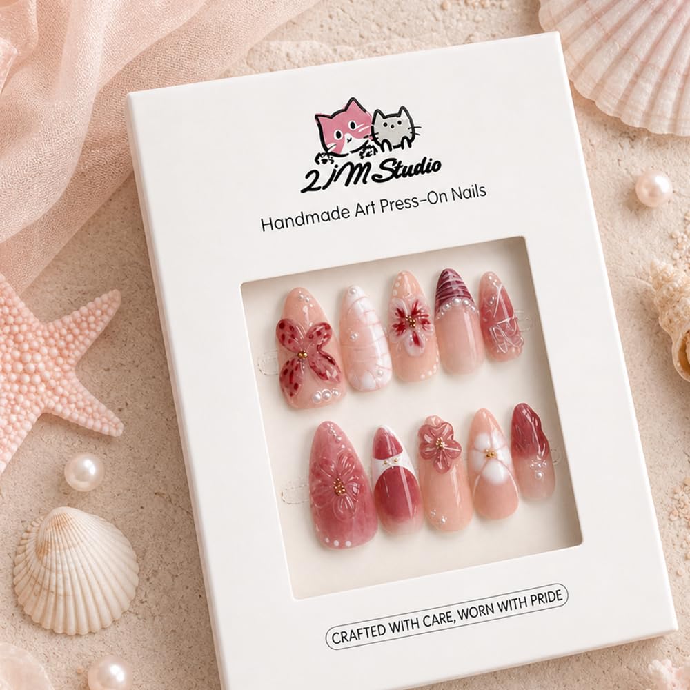 2IM Studio Handmade Press On Nails – 10 Piece Soft Gel Nail Kit with Glue & Tool Set, Reusable Artisan Nails, Salon-Quality Finish (Ruby Bloom-S)