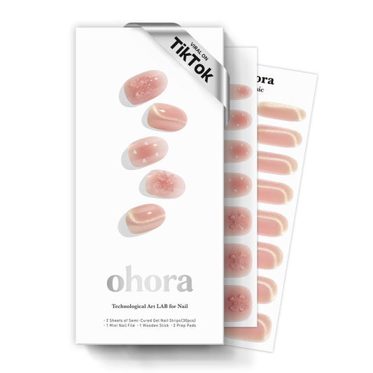 ohora Semi Cured Gel Nail Strips (N Sweet Bow) - Marble, Magnet, Pink, Gold, Works with Any Lamps, Salon-Quality, Long Lasting, Easy to Apply & Remove - Includes 2 Prep Pads, Nail File & Wooden Stick