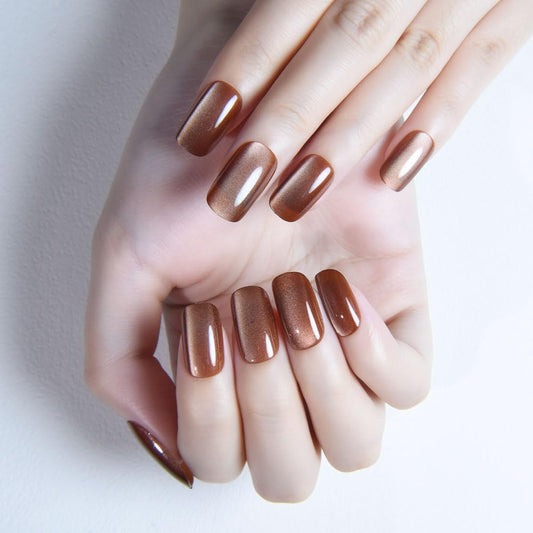 XZMeiLun Brown Press On Nails - Cat Eye Medium Square Magnetic Acrylic Fake Nails, Stylish Design, Salon-Quality Shiny Finish, Reusable Stick On Nails Kit for Women, Daily Wear (No Glue Included)