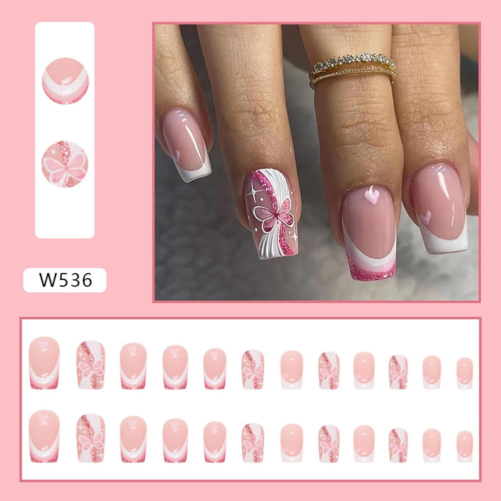 24Pcs Medium Press on Nails Square Fake Nails wiht Glitter Pink Butterfly and Heart/Love Designs False Nails French Tip Acrylic Nails Glossy Full Cover Stick on Nail for Women Nail Decorations