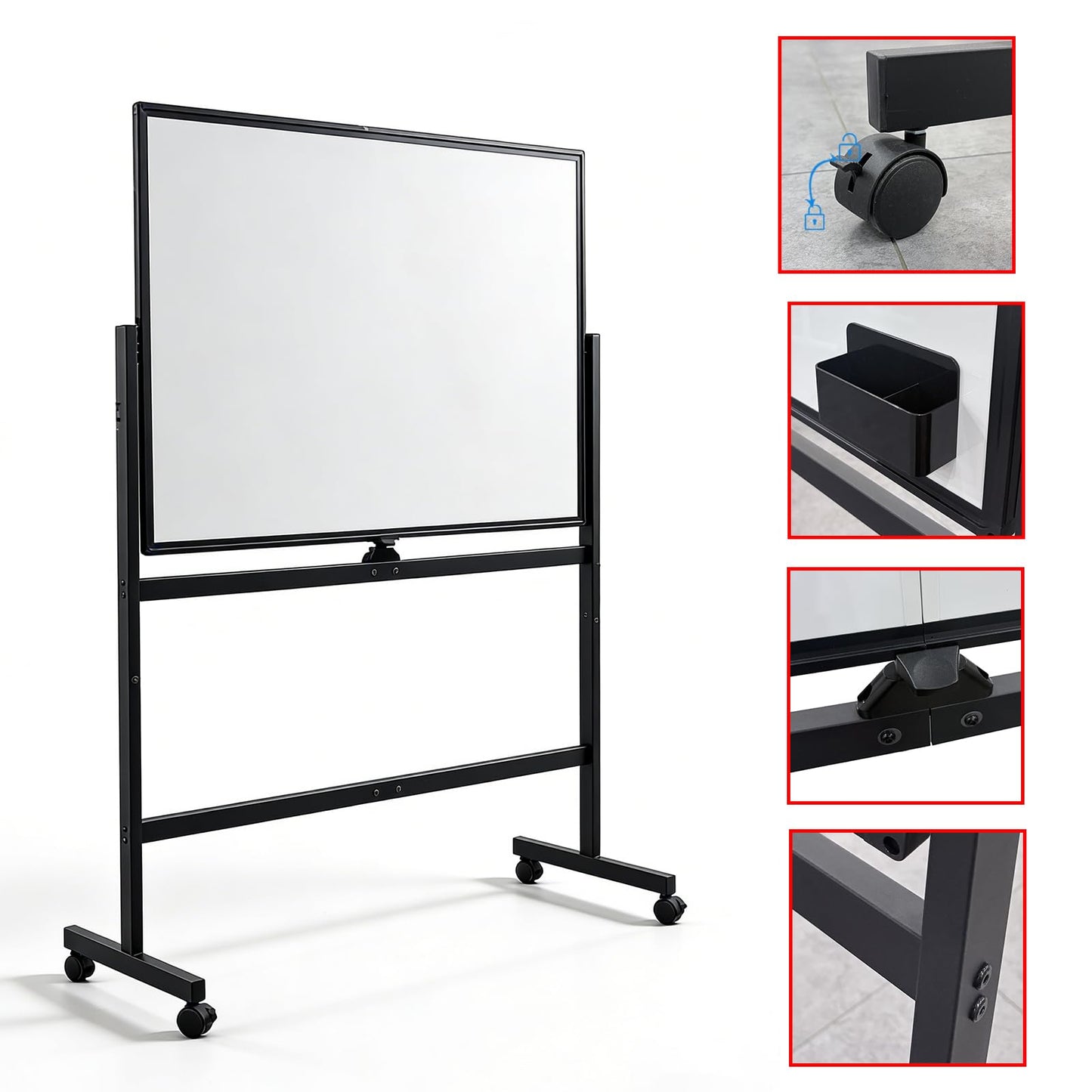 Whiteboard on Wheels, 48" x 32" Double-Sided Mobile White Board with Stand, 4' x 2.6' Portable Standing Dry Erase Board Easel with Lockable Wheels for Home Office Classroom School, Black