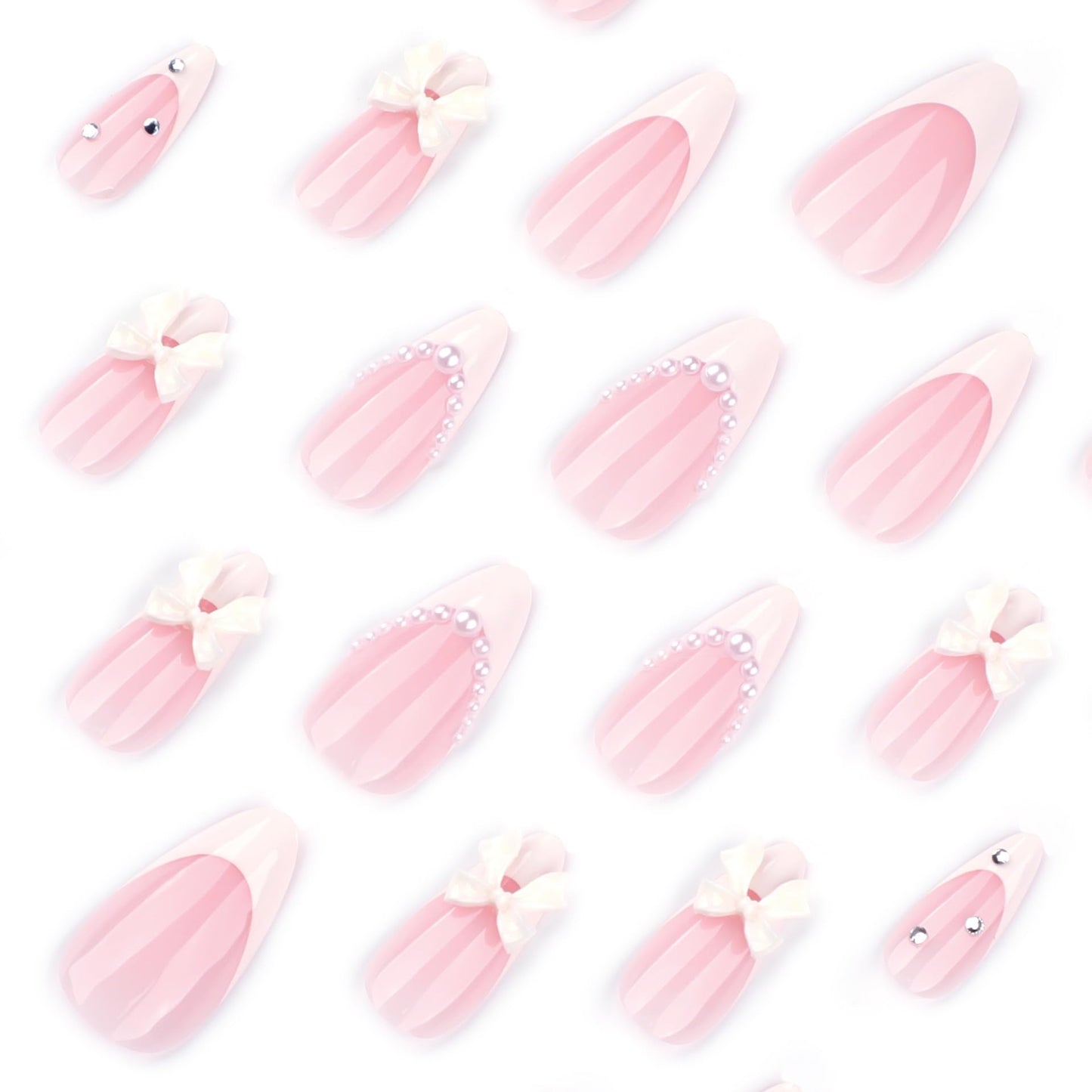 CTTHNBD Press on Nails Almond - White French Tip Fake Nails with Bow Pearl Desgin - Medium False Nails Press ons - for Women 24 Pcs
