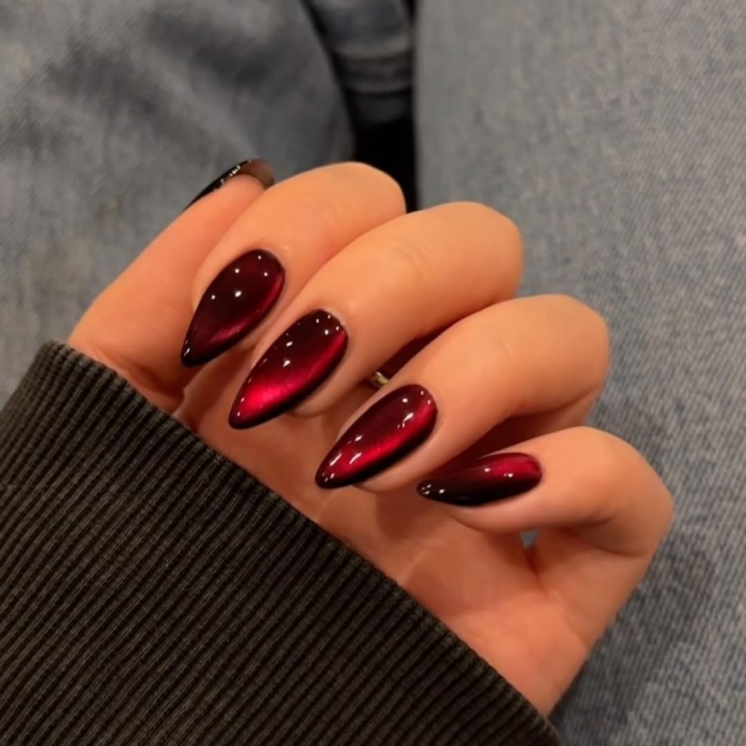 KQueenest Cat Eye Burgundy Press on Nails Medium Almond & Press on Nails Extra Long Coffin, Petite Nails for Small Hand For Women Girls Daily Party Decoration in 60 Pcs