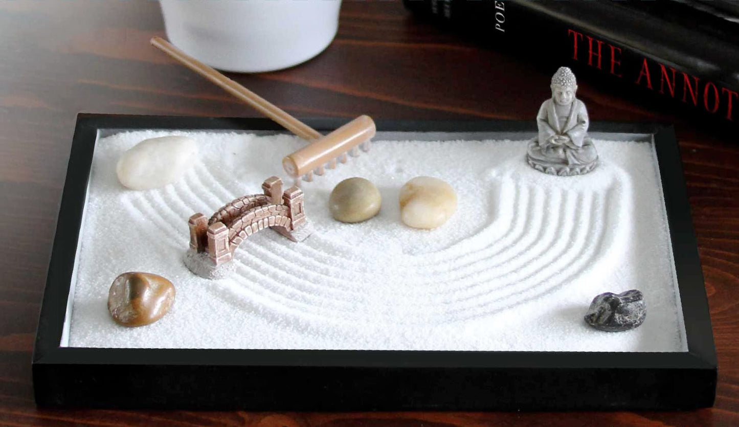 Nature's Mark Mini Zen Garden Kit for Desk with Rake, White Sand, Buddha Figure, Bridge Figure and River Rocks, Black Rectangle Base
