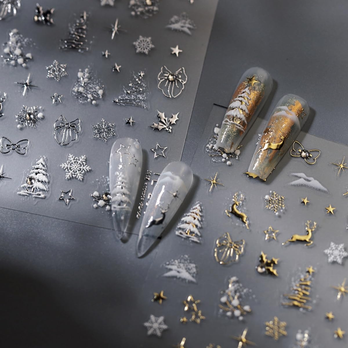 Christmas Nail Sticker 5D Embossed Sliver Reindeer Xmas Tree Snowflake Nails Art Sticker Self Adhesive Nail Decals Holiday Nail Art for Women Manicure Supplies Nails Art Decorations
