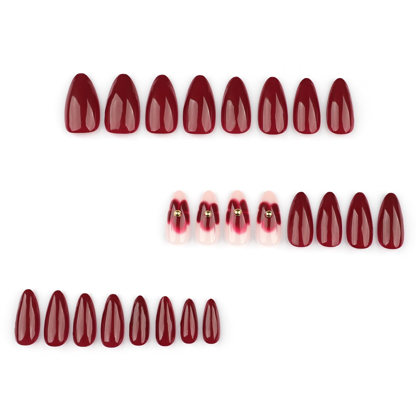 24Pcs Dark Red Press on Nails Medium Almond Fake Nails Floral with Golden Pearls Design Reusable False Nails Kit Red Five-Petal Flower Full Cover Artificial Stick on Nails for Women Girls Manicure
