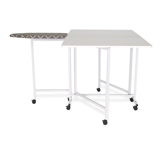 Arrow Millie Folding Cutting Table with Ironing Board – Sewing & Craft Workstation with Storage Shelves