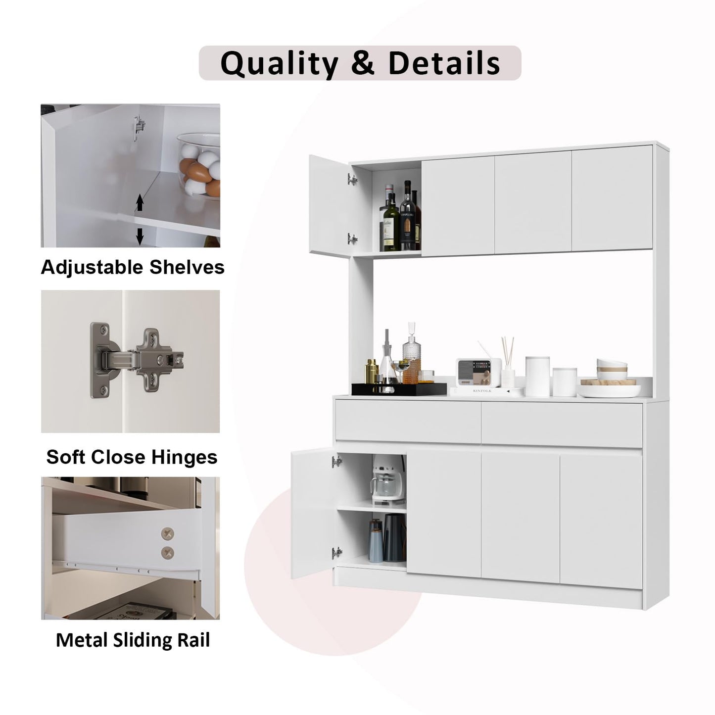 Mekminop Kitchen Hutch Storage Cabinet, 63" W Large Pantry Cabinets with Microwave Oven Countertop, Freestanding Kitchen Pantry Storage Cabinet with 4 Doors, 2 Drawers and 7 Shelves, White