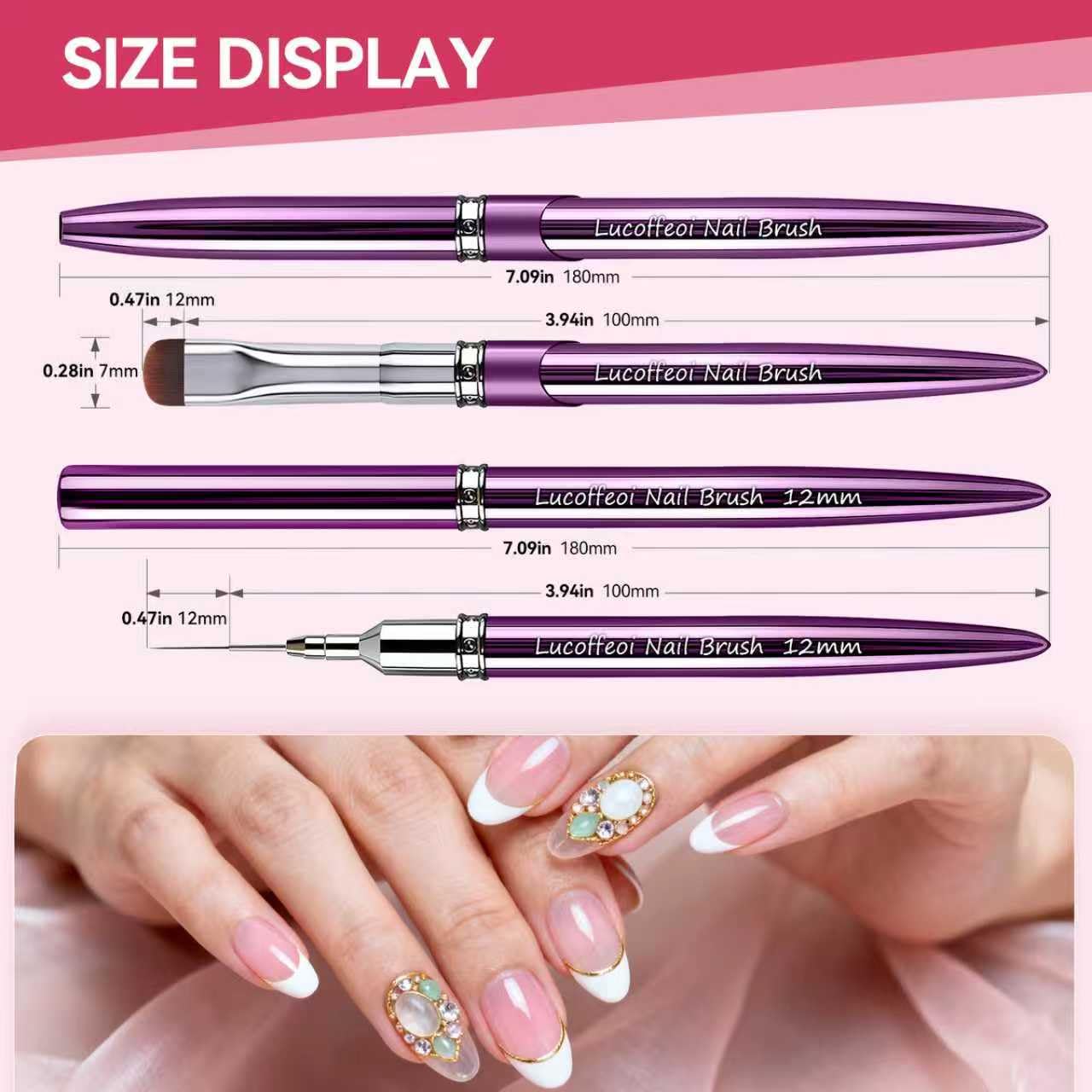Nail Art Brushes Set 2-Piece: French Tip Brush and 12mm Liner Brush for Gel Clean Up, Smile Lines & Nail Design (Purple)