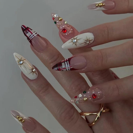 CJDLTS French Plaid Stripes Press on Nails Almond Artificial Medium Acrylic False Nails 3D Rhinestones Stick on Nail Gold Beads Artificial Fingernails Glossy Reusable Coffin for Women Manicure 24Pcs
