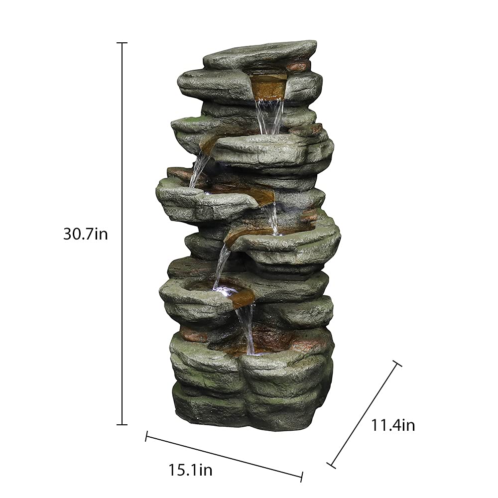 Naturefalls 30.7inches Outdoor Water Fountain - 6-Tiers Rock Waterfall Fountain with Led Lights for Home Garden Decor