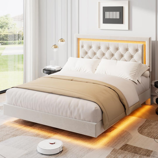 IDEALHOUSE Floating Queen Platform Bed Frame with Smart LED Lights – Modern Upholstered Diamond Headboard, Sturdy Wood Slats, Noise-Free, Easy Assembly, Sturdy Bedroom Furniture