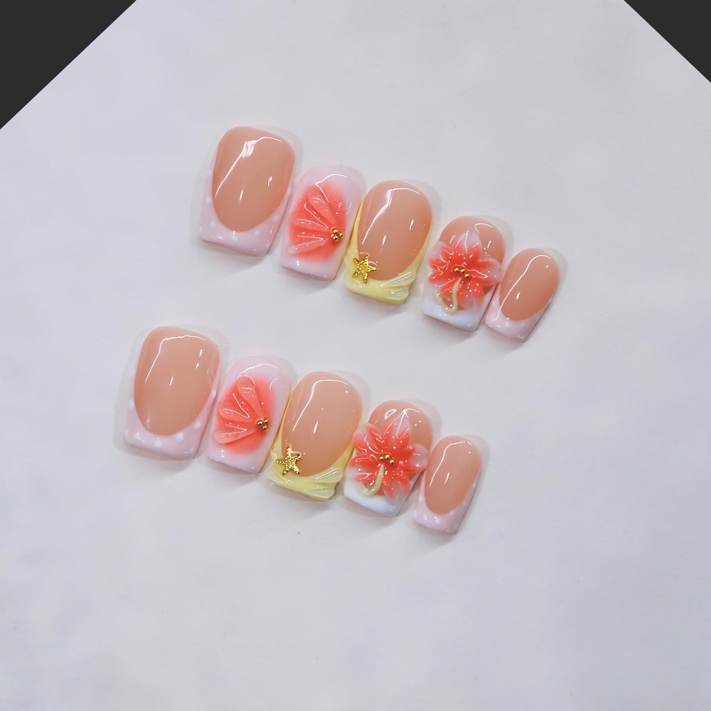 Spring Press On Nails MAGLFELL Handmade 10Pcs Short Fake Nails, 3D Carving Floral and Gold Plated Decoration Design, Reusable Acrylic Fingernail Salon Artificial Nails Kit (Size L)