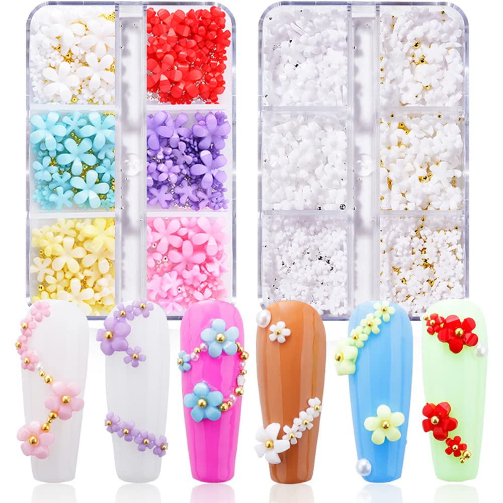 3D Flower Nail Charms, 2 Boxes 3D Acrylic Flower Nail Art Rhinestones White Pink Mixed Cherry Blossom Spring Acrylic Nail Supplies with Pearls Manicure DIY Nail Decorations