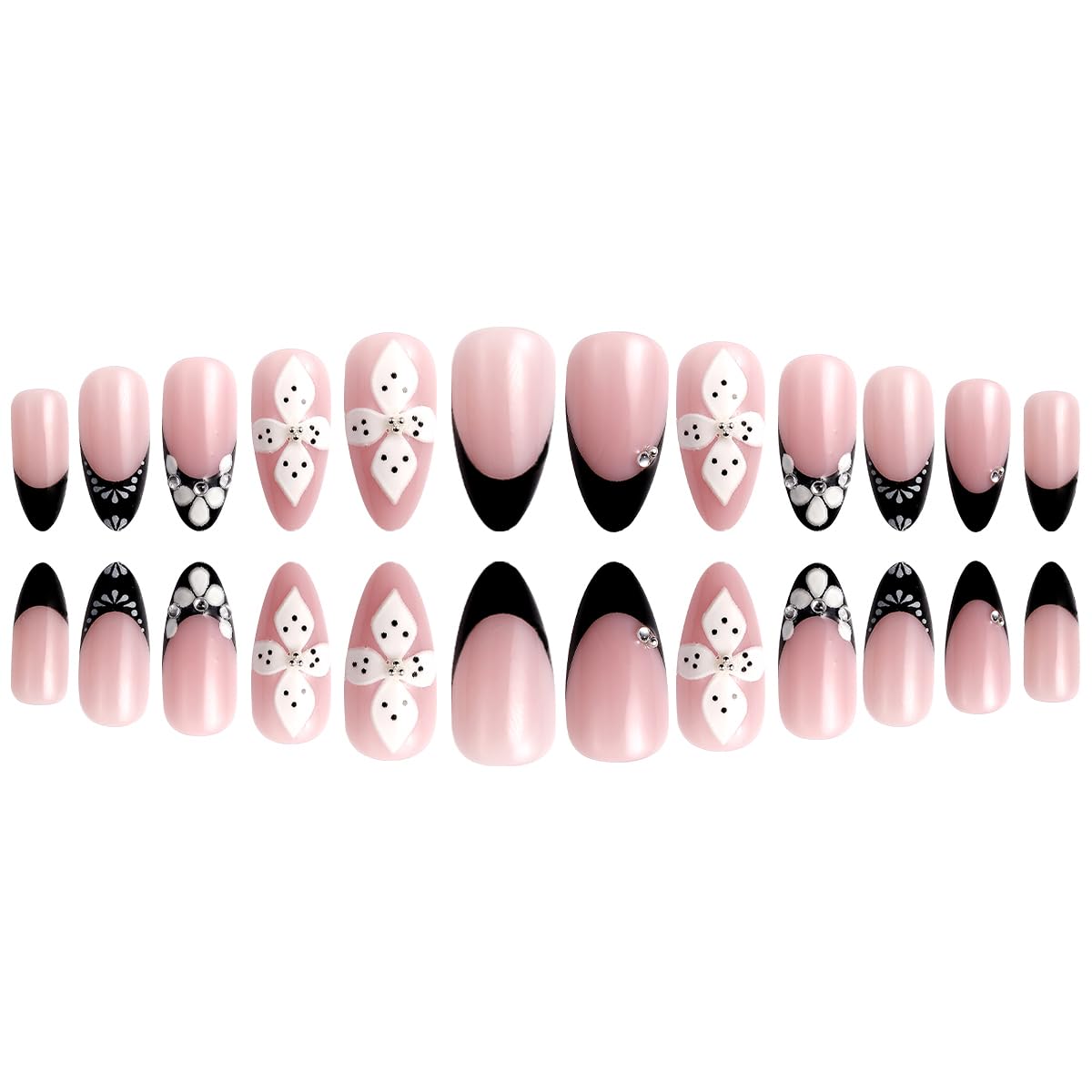 French Tips Press on Nails Medium Almond Nails Press on with 5D Flower Charm Design Glossy Nude Fake Nails Rhinestones Glue on Nail Reusable Fall Summer Nail for Women Manicure 24Pcs